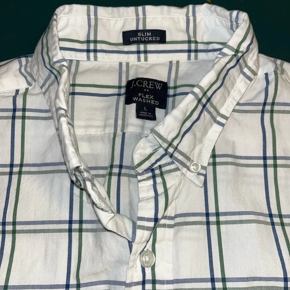 J. Crew White Button-Down Shirt with Blue and Green Plaid